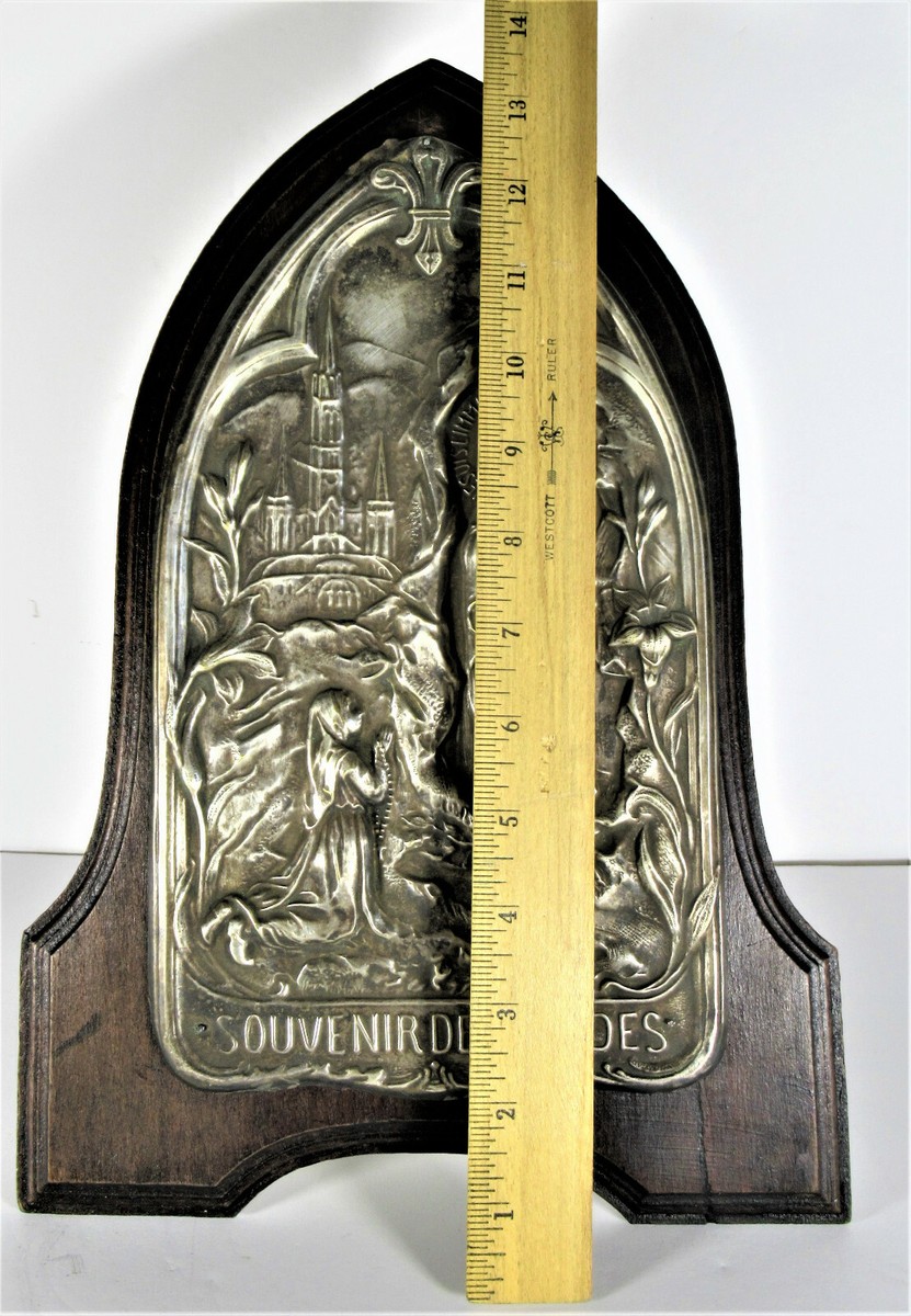 Large Antique 1900's Silver-Plate & Wood Lourdes Plaque Music Box