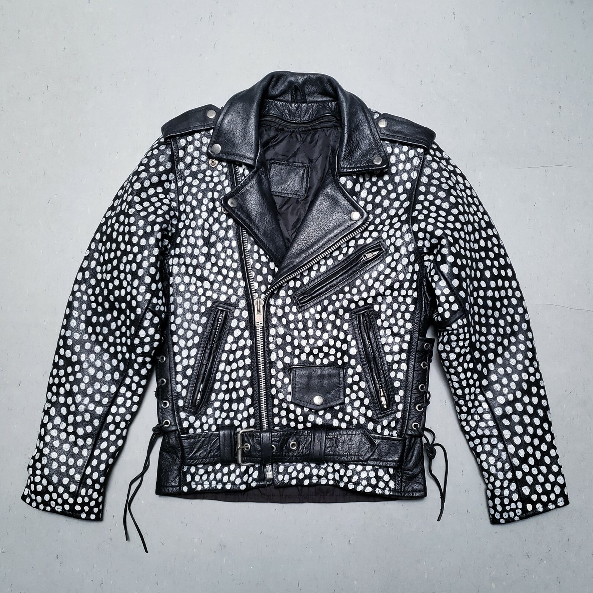 ジャケット・アウター 80s' unknown reflector riders jacket Vtg 80s Designer Black Leather Motorcycle Biker Jacket Polka Dots