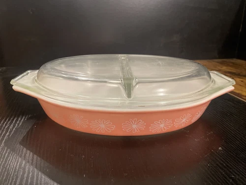 🔴VINTAGE PYREX 26 DIVIDED CASSAROLE DISH W/LID 1.5 Qt PINK DAISY FAST SHIPPING