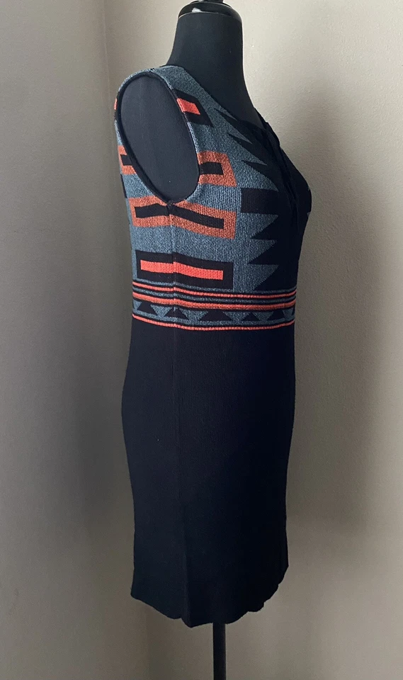 Rachel Roy Knit Sweater Dress S Black Blue Aztec Print Sleeveless Silk Blend - Image 4 of 4