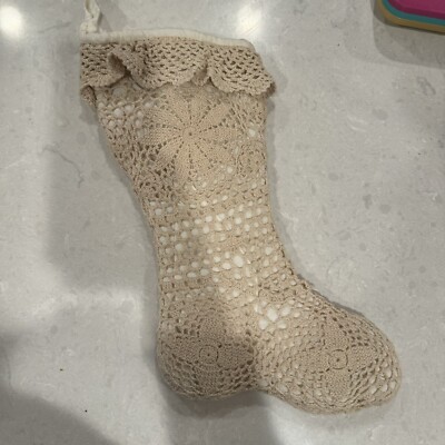 VTG Crocheted Cotton Christmas Stocking 16 Retro Granny Boho Ruffle Flower