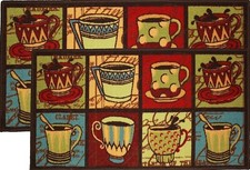 SET OF 2 PRINTED KITCHEN RUGS 18"x30" 20"x40" COLORFUL COFFEE CUPS SQUARES,KH