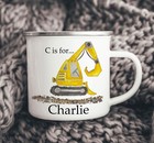 Personalised Enamel Camping Mug, Digger Boys Toddler Cup Birthday Gift, Metal