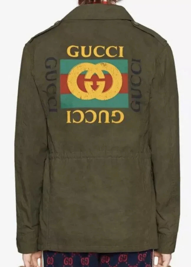 NEW AUTH GUCCI LOGO EMBROIDERED GREEN COTTON DRILL MILITARY PARKA