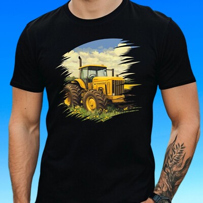 Mens Yellow Field Tractor Motif Cotton T-Shirt Size XS to 5XL