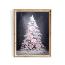 Pink Christmas Tree Wall Art Seasonal Painting Charming Christmas Artwork Pink F
