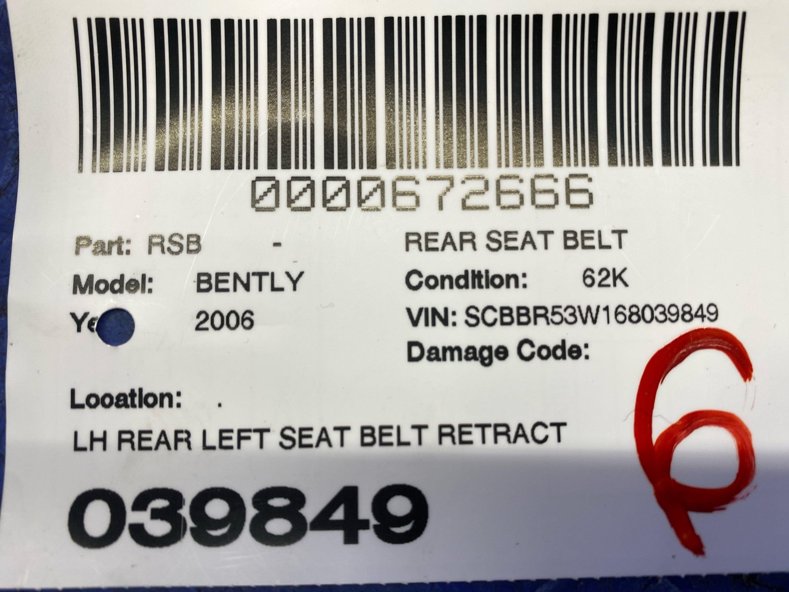 2006-2012 BENTLEY CONTINENTAL FLYING SPUR REAR LEFT SEAT BELT RETRACTOR ASSEMBLY