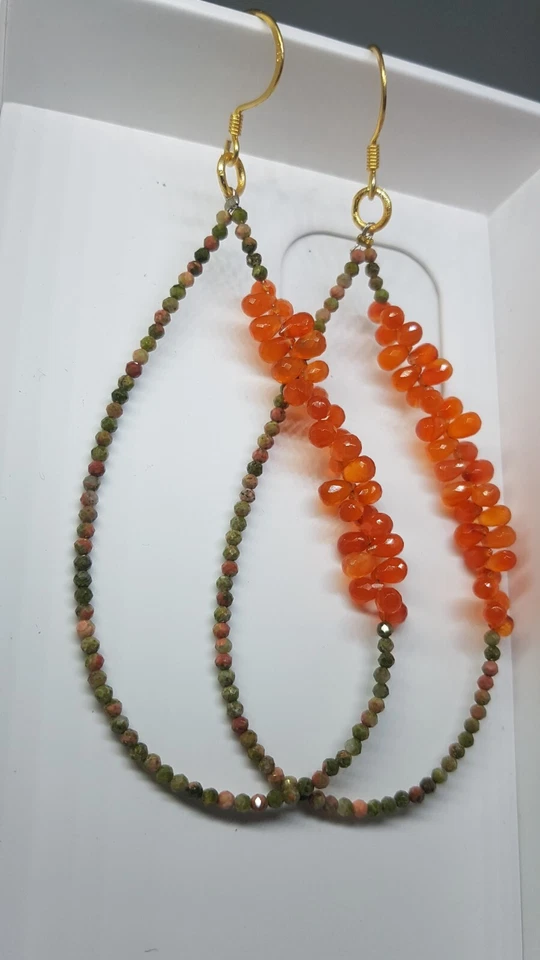 Corniola e pietra preziosa unakite orecchino argento sterling 925 gioiello re... - Immagine 3 di 4