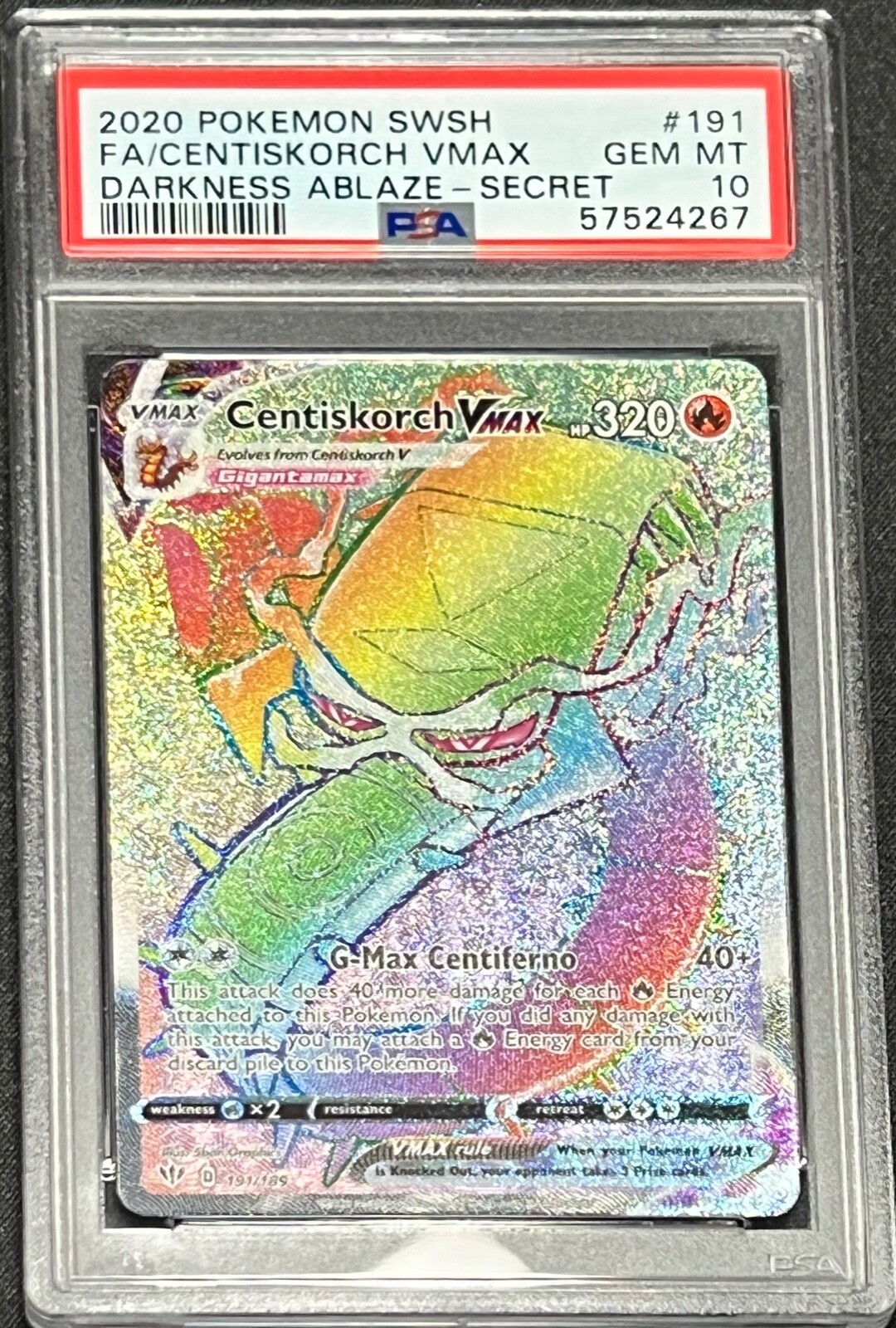 2020 Pokemon Darkness Ablaze # 189 Full Art Centiskorch VMAX Secret PSA 10