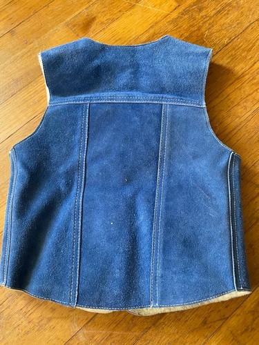 VTG Genuine Leather Suede Toddler Kids Blue Sherpa Lined Snap Western Vest - Picture 2 of 5