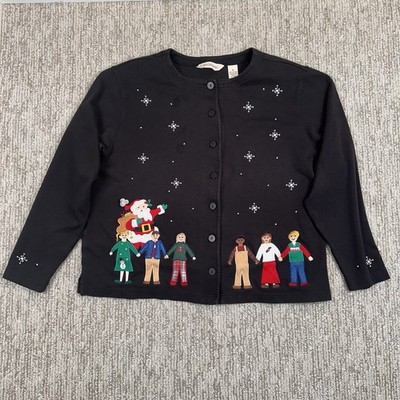 Vtg 90s Christmas Around World Santa Kids Sweater Black Bechamel XL Grandmacore