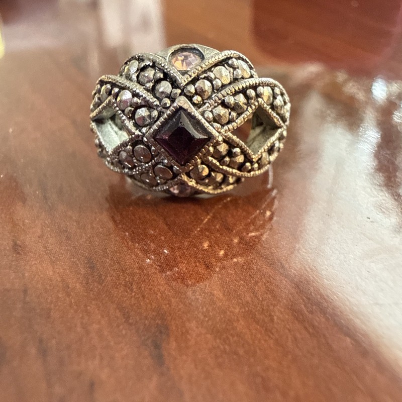 Vintage AVON Silver-tone w/ Purple Glass & Faux Marcasite Ring, Size 5