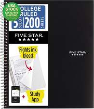 5 Subject Spiral Notebook College Ruled 200 Sheets Black 8.5 X 11