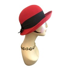 Vintage Red Wool Cloche Hat Black Ribbon Bow 1920s Style Made in USA Retro Chic