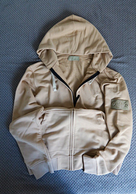 Stone Island Herren Zip-Hoodie XL Beige Baumwolle Full Zip Kapuze Logo Taschen