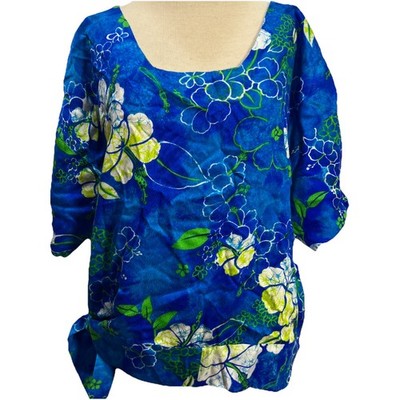 VTG Blue Hawaiian Floral Bark Cloth Top 1960s Womens Hibiscus Psychedelic Retro