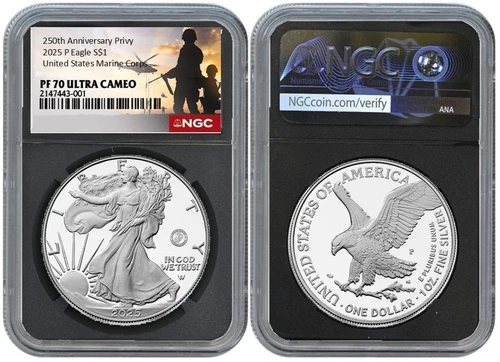 2025 P Silver American Eagle S$1 US Marine Corps NGC PF70 Ultra Cameo