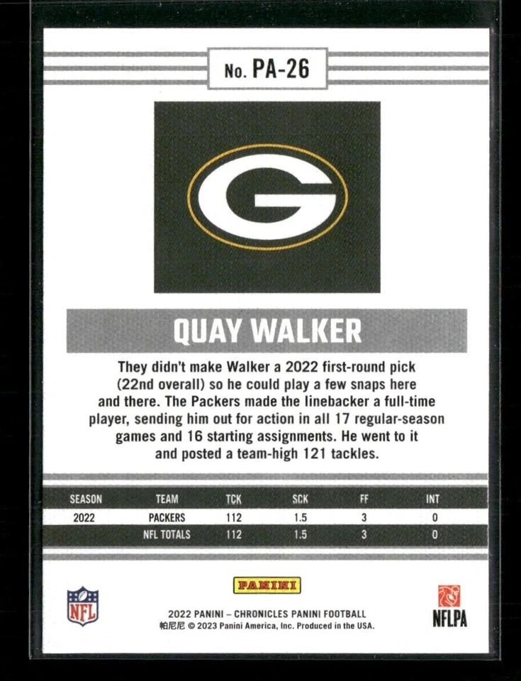 Quay Walker 2022 Panini Chronicles Rookie Green Bay Packers #PA-26 - Image 2 of 2