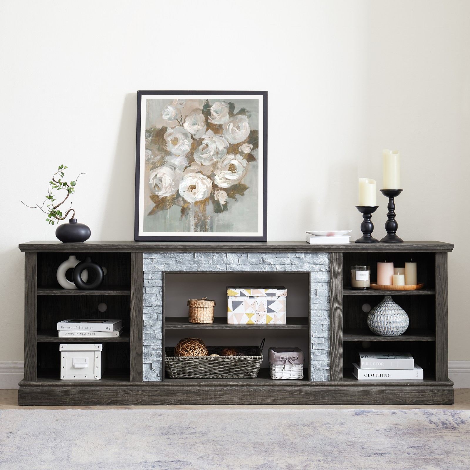 Tv Desk Storage Rack With Faux Stacked Stone Surround,media 