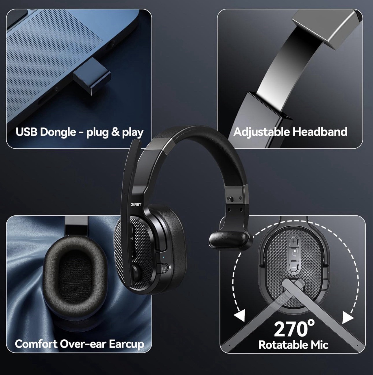 TECKNET Bluetooth Trucker Headset w/ Microphone Noise Canceling Wireless