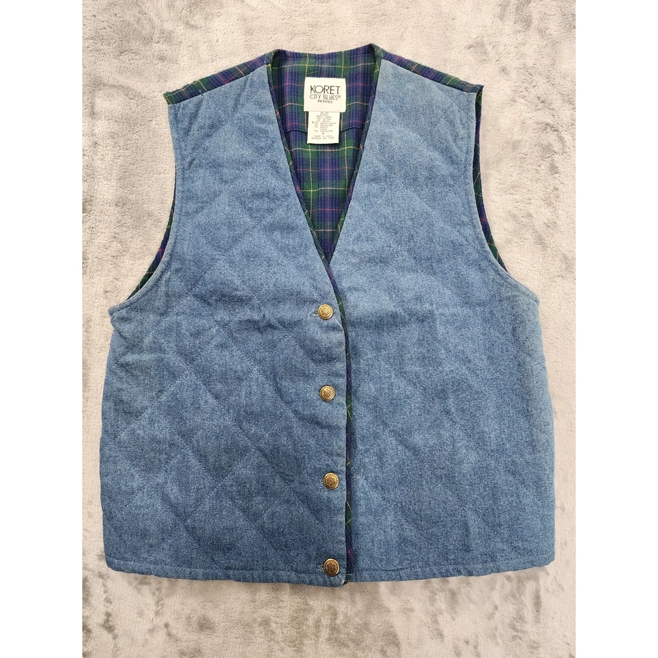 Conjunto de pantalón corto vintage Koret City azul acolchado de mezclilla a presión chaleco a cuadros talla 8 azul Foto 2 de 4