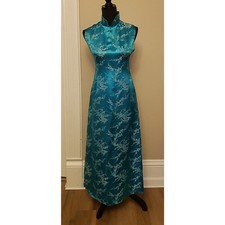 Vintage Turquoise Silk Cheongsam Dress Cherry Blossom w/ Mandarin Collar