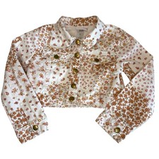 Little Lass Crop Floral Print Jean Jacket Girls 5  White Pink Coral Denim Coat