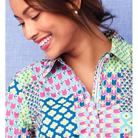 Talbots Island Patchwork Belted Button Up Blue Pi… - image 2