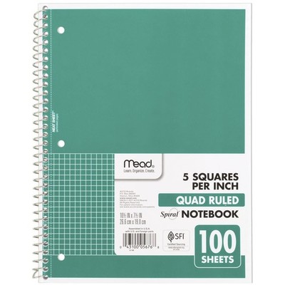 Spiral Notebook, 1 Subject, Graph Ruled Paper, 71/2'' x 101/2'', 100 Sheets, Gr...