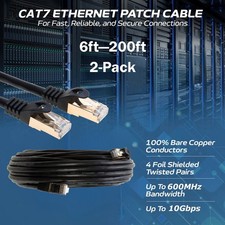 2-Pack CAT7 S/FTP Ethernet Patch Cord 600MHz Network Cable 6FT-200FT Black Lot