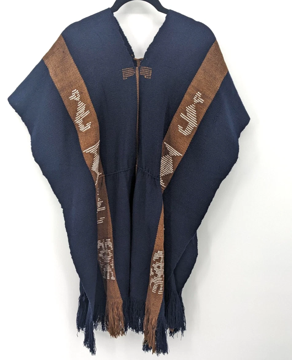 Llama Pattern Poncho One Size Navy Brown Woven Fringe Boho Southwest
Opens in a new window or tab