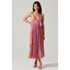 NWT Astr the Label Blythe Plisse Midi Dress Coral Multi Women Size Small