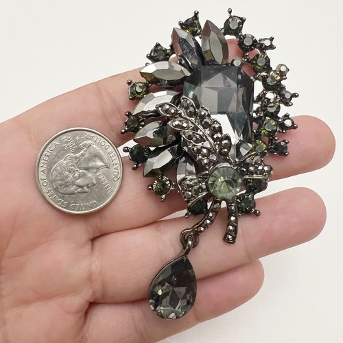 Smoky Crystal Green Hematite Rhinestone Floral Spray Dangle Brooch Pin - Picture 2 of 7