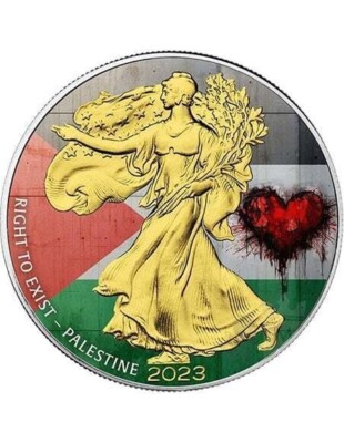 Colorized Ase PALESTINE Right to Exist 1 Oz Silver Coin 1$ USA 2023 Colorized ASE ...