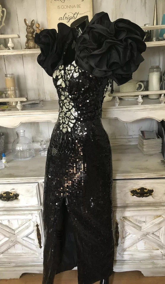 Vintage 80's Long  Sequin HUGE Ruffle STATEMENT Prom Dress AMAZING SZ XXS-XS* - Image 3 of 4