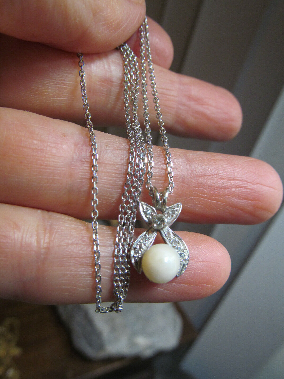 Vintage 14K White Gold Cable chain Real Pearl Dia… - image 3