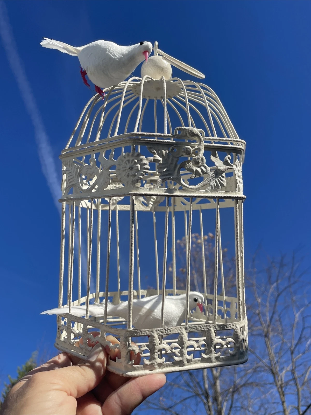 Vintage Shabby Chic White Dove Bird Cage Metal Door Open Closes UNIQUE ❤️blt39j3