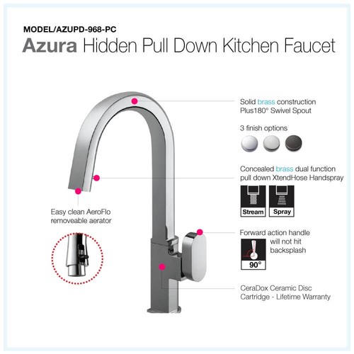 Houzer Azura Hidden Pull Down Kitchen Faucet AZUPD-968-PC 23.5" Faucet Hole - Picture 1 of 11