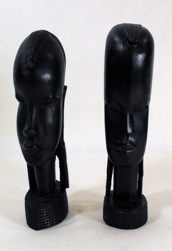 Vintage Pair African Wood Carved Tribal Art Head Bust Ethnic Statues 0041010 - Picture 1 of 12