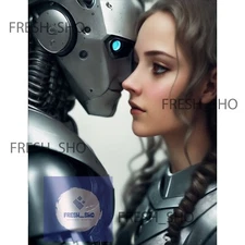 Digital Image  AI A love affair between a silver robot and beautiful young woman