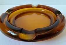 Mid Century Amber Glass Ashtray 7.75” Round Shape Cigars/ Pipes 