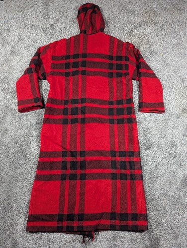 Vintage LL Bean Long Coat Womens Medium Buffalo Plaid Red Wooi Fringe USA H517 - Picture 2 of 18
