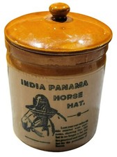 Vtg India Panama Horse Hat Stoneware Crock Jar With Lid Brown Cream England