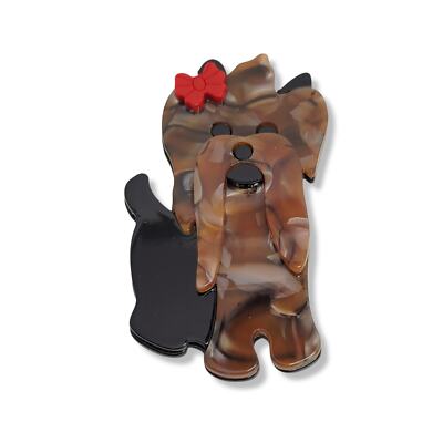 Signed Elle Cross Brown Dog Cellulose Acetate Brooch 
