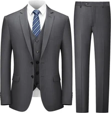 Cooper & Nelson Men's Suit Slim Fit Dark Grey 3 Piece L 42R 36W Notch Lapel 2B