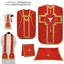 NEW Red Holy Spirit Roman Chasuble Fiddleback Vestment Fiddleback 5pc set,Casula