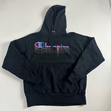 Vintage Champion Reverse Weave Logo Black Pullover Hoodie Sweater Mens Medium