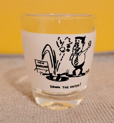 Down the Hatch Cartoon Shot Glass Clear Glass Novelty Black White Free Shipping
