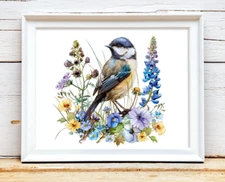 Bird Art Print, Cute Bird and Wildflowers Wall Art Decor, Home Decor, Nature
