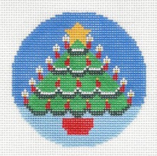 Candlelight Christmas Tree handpainted Needlepoint Canvas 3" Rd. Ornament by LEE